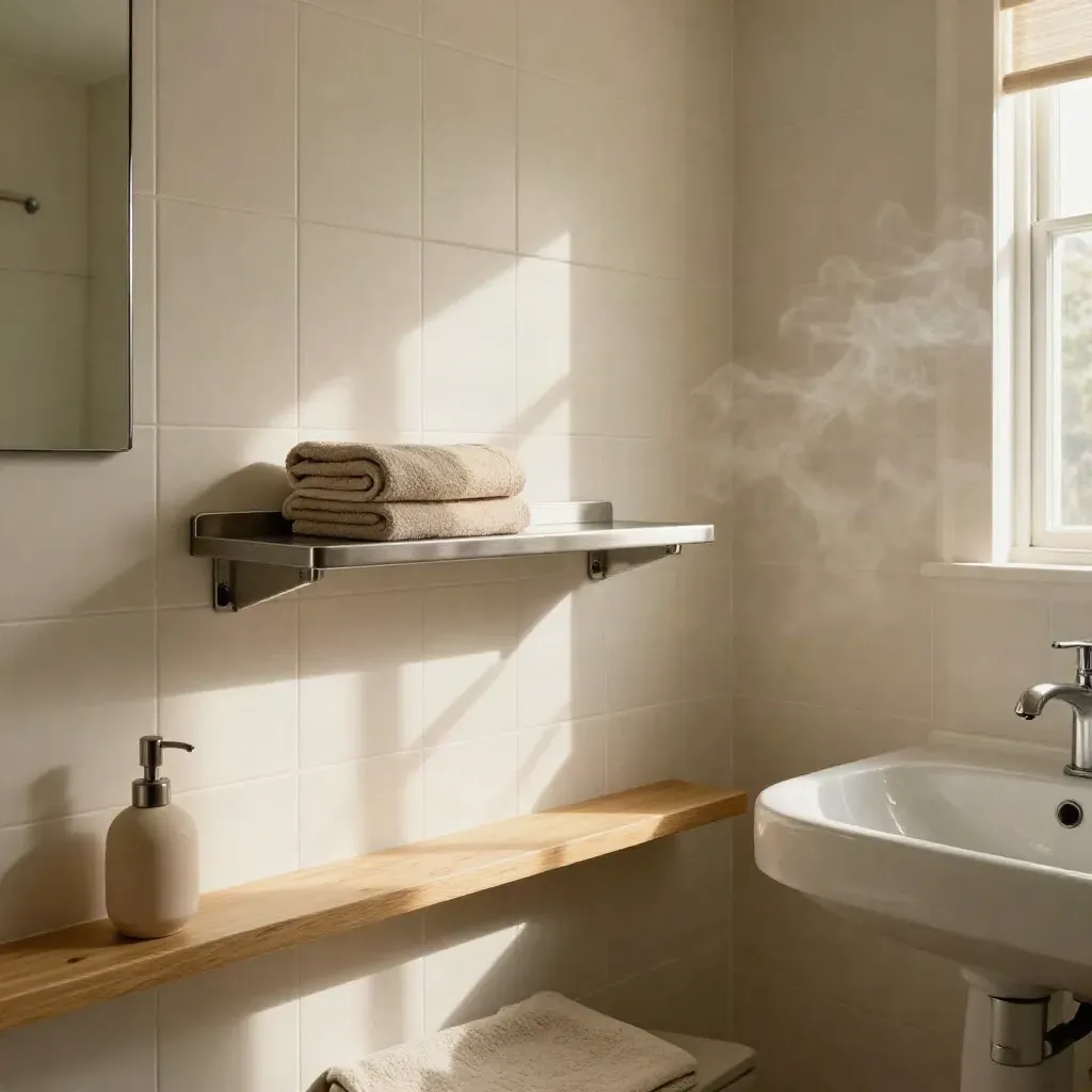 Modernisiertes Bad mit Duschablage, Handtuch, Badematte und Seifenspender im warmen Licht.