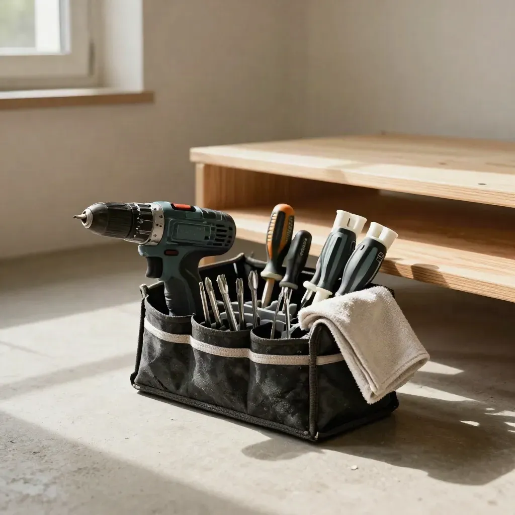 Offene Werkzeugtasche mit Akkuschrauber und Zubehör neben einem halbfertigen Regalbrett am Boden.