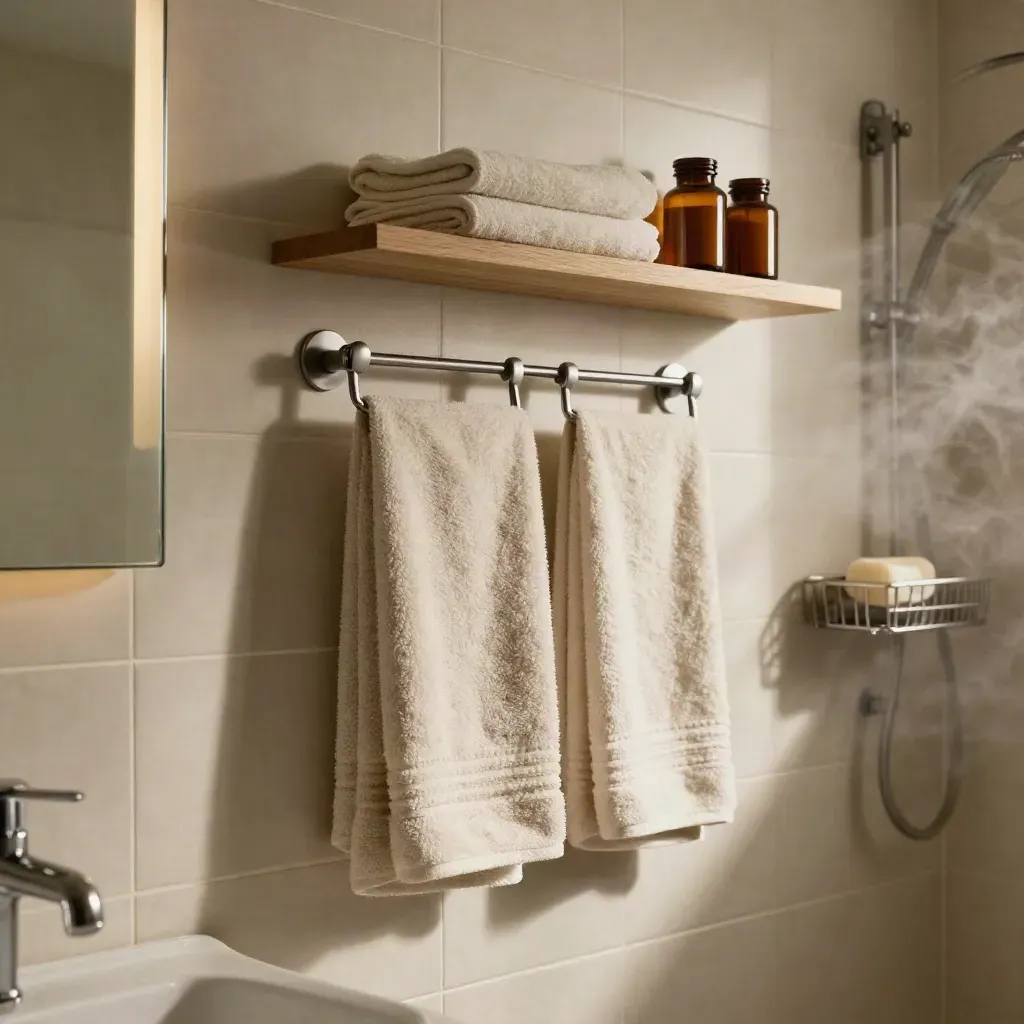 Badezimmerwand mit Haken, schmalem Ablagebrett und Duschkorb im warmen Licht