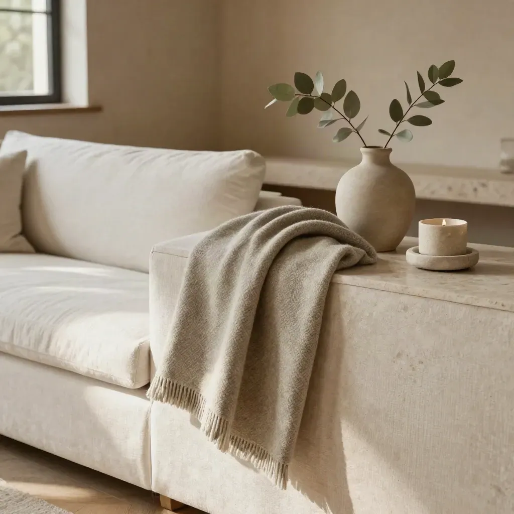 Wollplaid über Sofaarm mit Vase, Zweig und Kerzenhalter im hellen Wohnzimmer